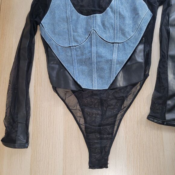 Denim Bodysuit Maniere De Voir sz 16 Black Mesh Long Sleeve Corset Clubwear NEW - Picture 3 of 9